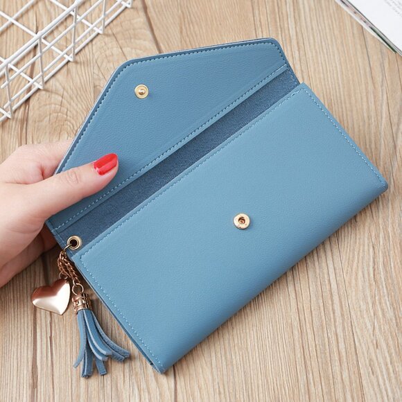 $10 ADD ON ITEM- Blue PU Leather Wallet Clutch Tassel Heart Charm Card Holder - Picture 3 of 6